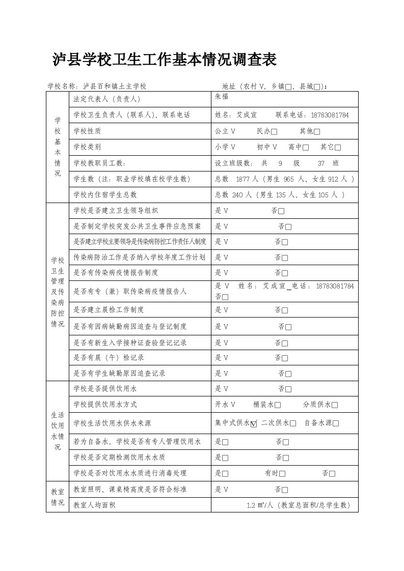 泸县土主学校卫生工作基本情况调查表