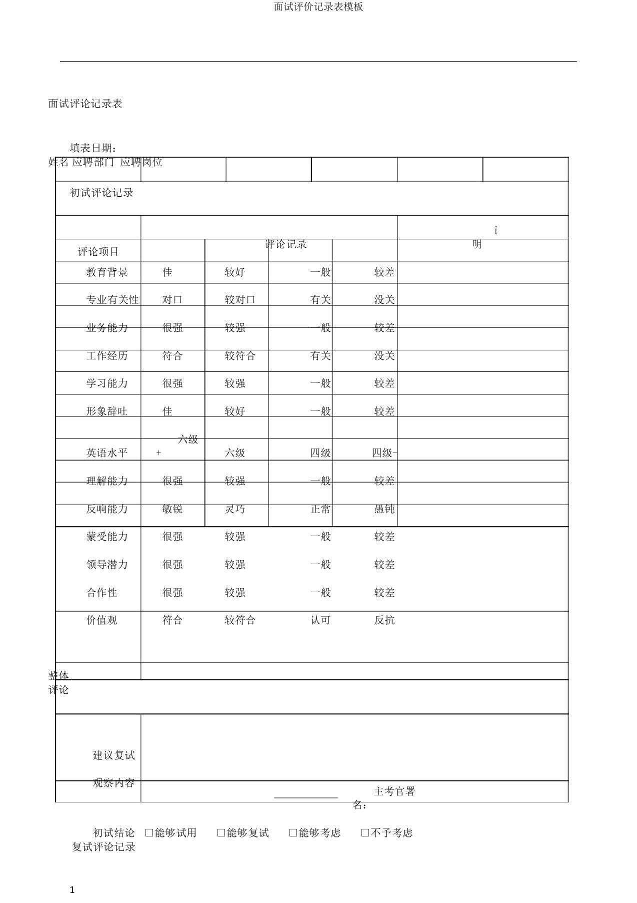 面试评价记录表模板