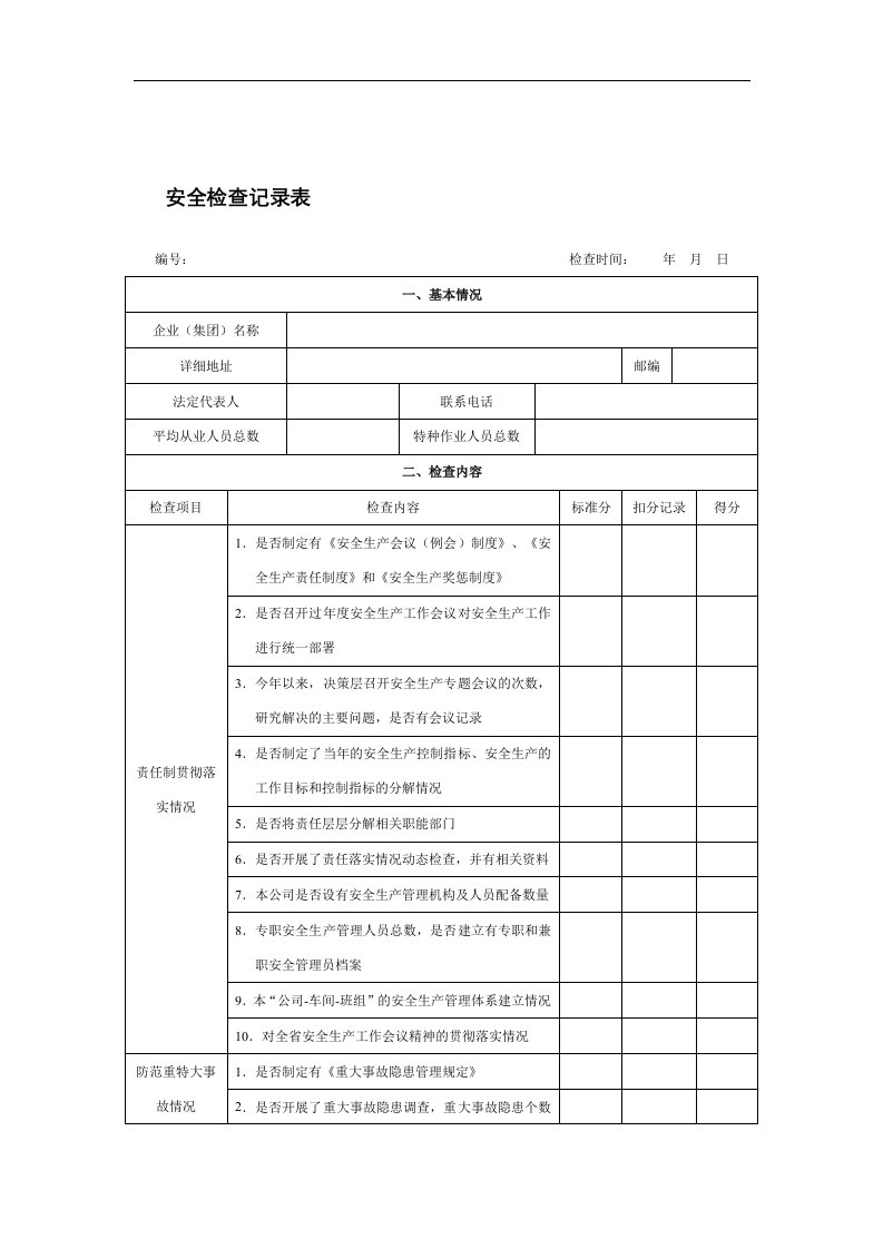 【管理精品】安全检查记录表