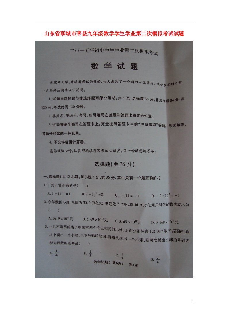 山东省聊城市莘县九级数学学生学业第二次模拟考试试题（扫描版）