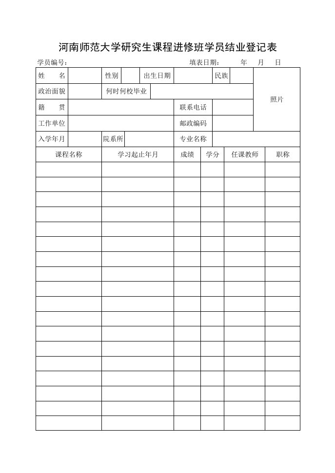 河南师范大学研究生课程进修班学员结业登记表