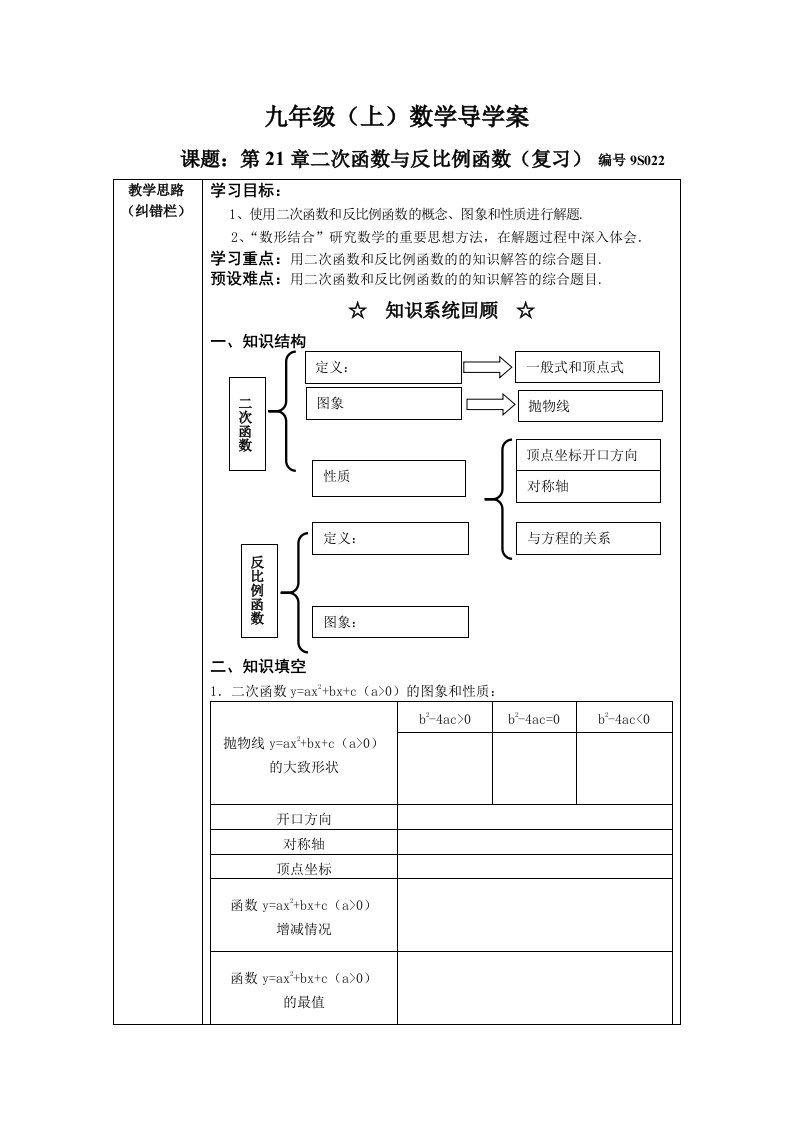 沪科版数学九上第21章《二次函数与反比例函数》复习学案