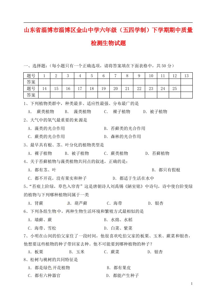 山东省淄博市淄博区金山中学六级生物下学期期中质量检测试题