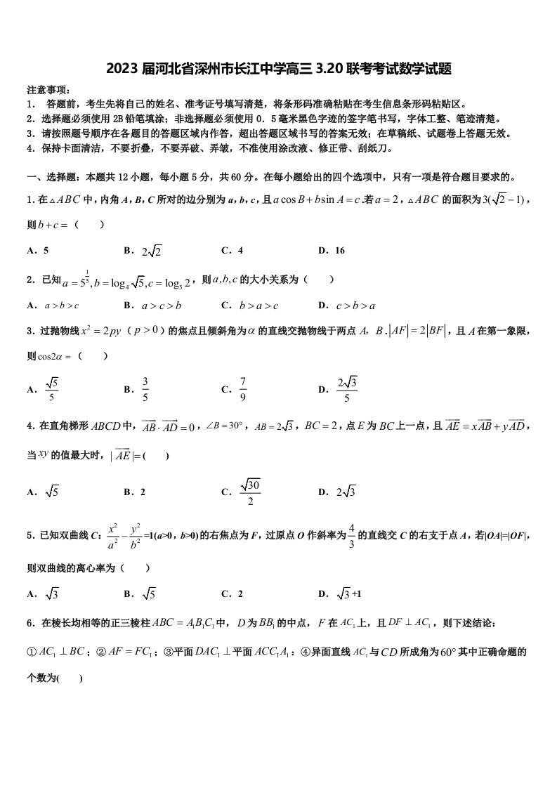 2023届河北省深州市长江中学高三3.20联考考试数学试题含解析