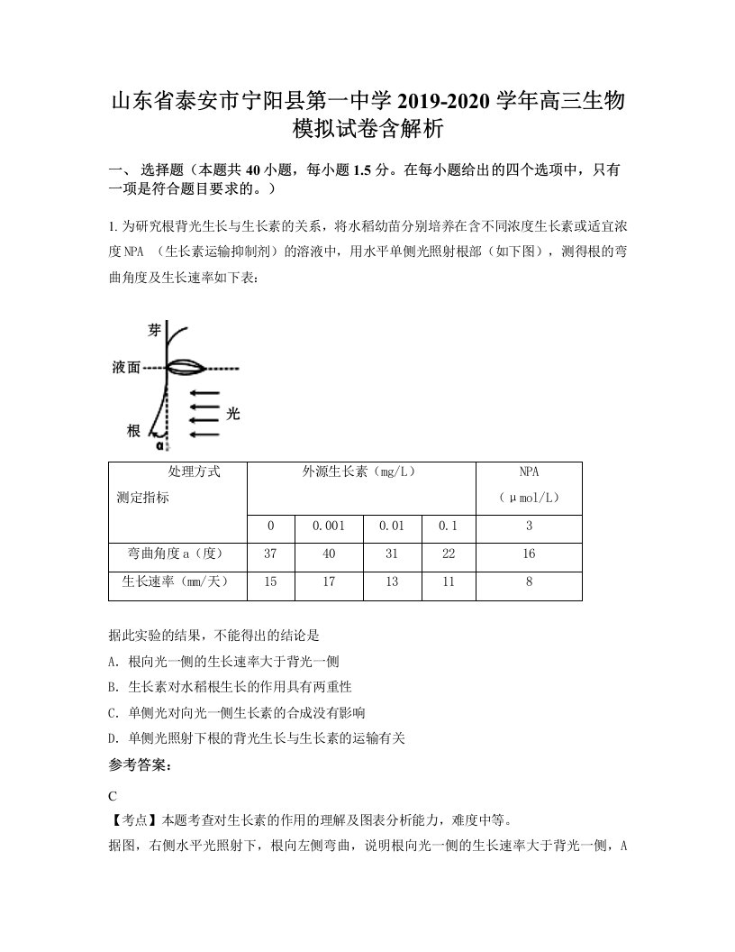 山东省泰安市宁阳县第一中学2019-2020学年高三生物模拟试卷含解析