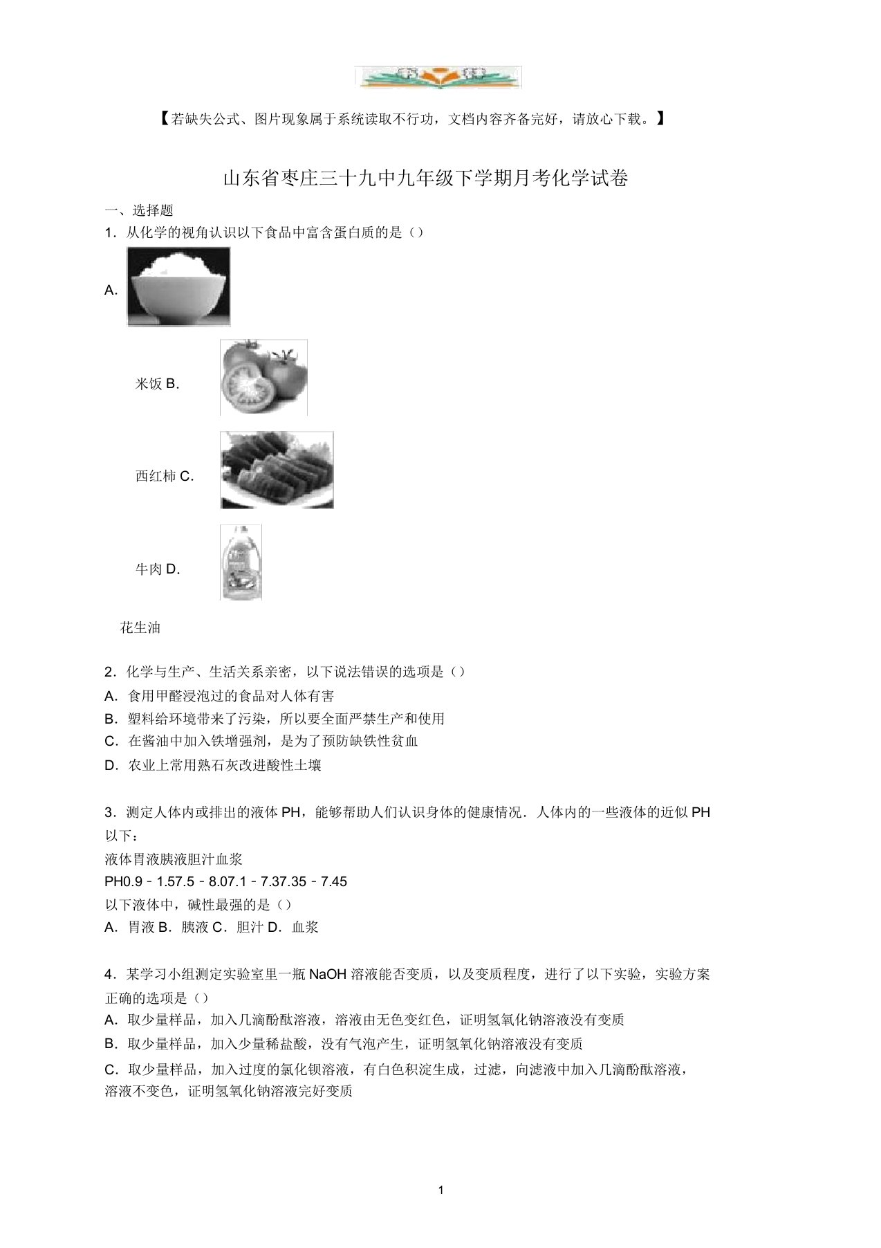 枣庄三十九中九年级化学下册月考试题(含解析)新人教版