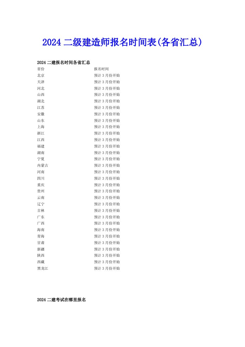 2024二级建造师报名时间表(各省汇总)