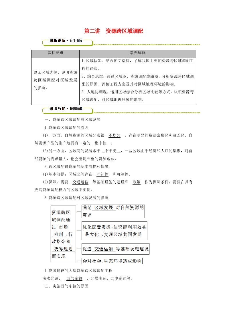 2025版高考地理一轮总复习教师用书第3部分区域发展第16章区际联系与区域协调发展第2讲资源跨区域调配