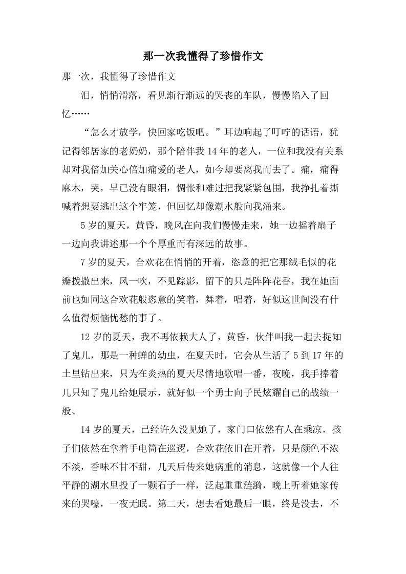 那一次我懂得了珍惜作文