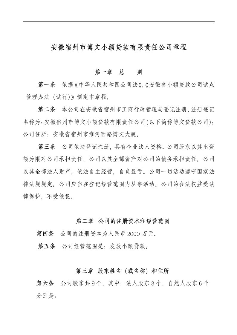 小额贷款公司公司章程