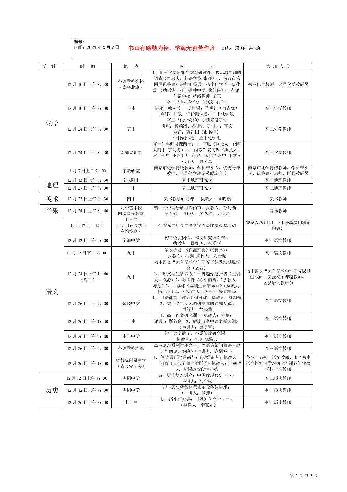 学科时间地点内容参加人员