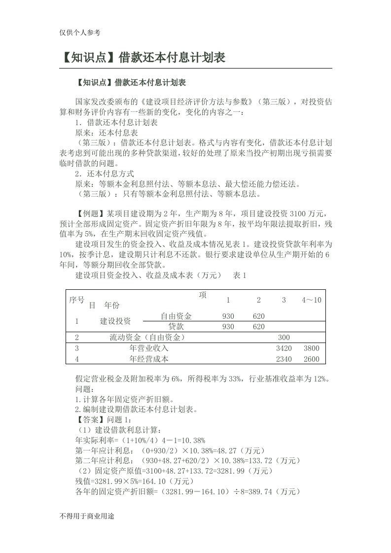 借款还本付息计划表