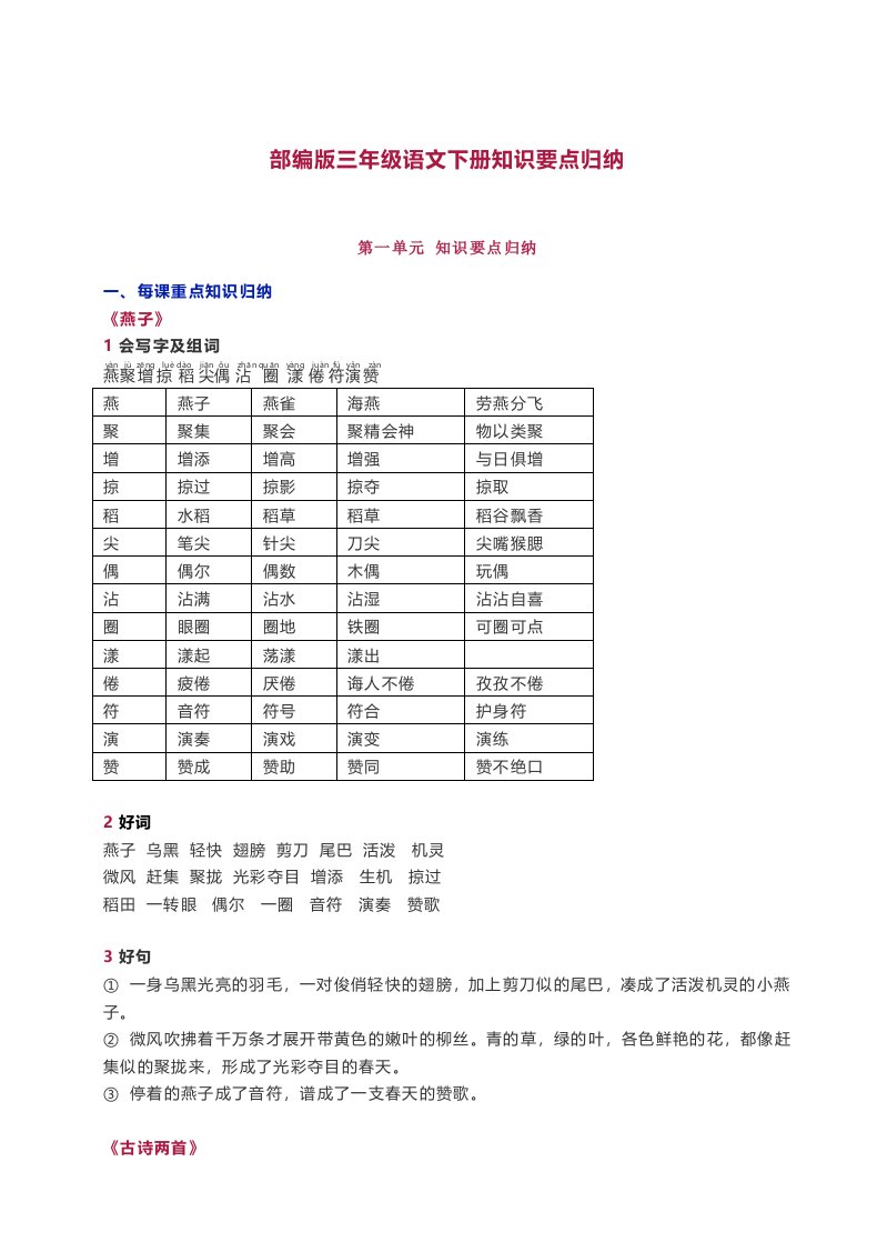 部编三年级语文下册知识要点汇总