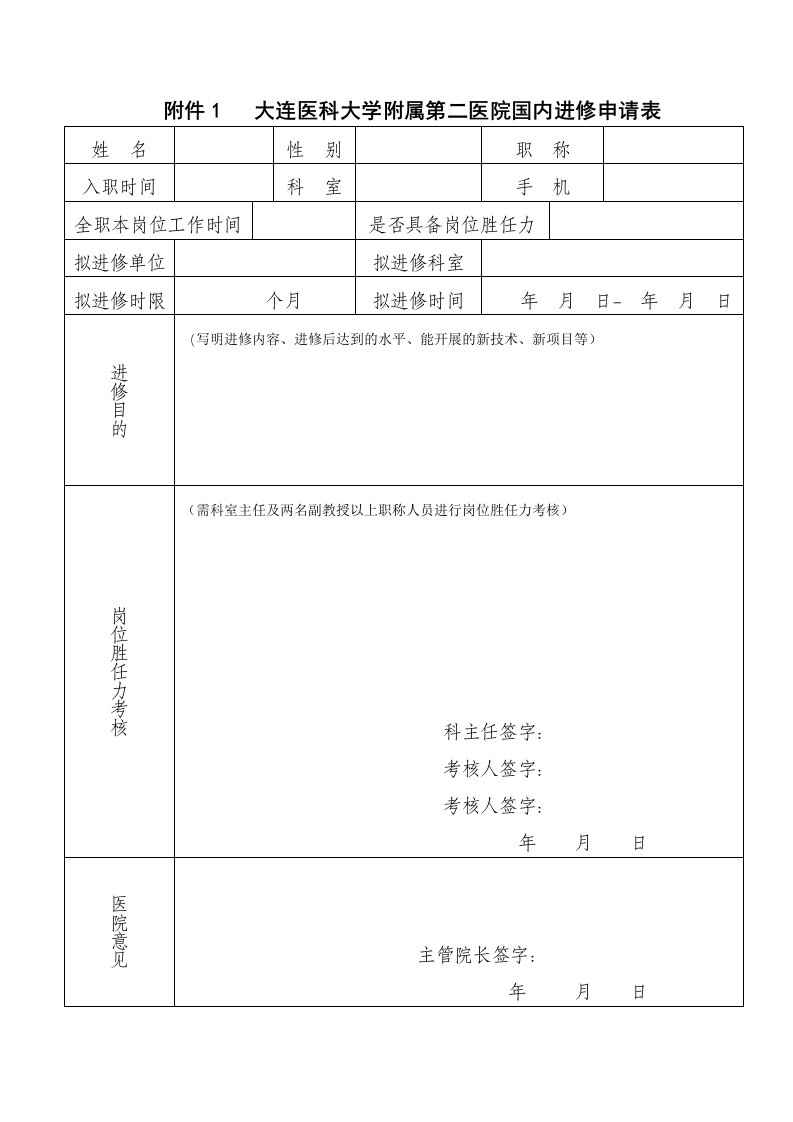 大连医科大学附属第二医院国内进修申请表