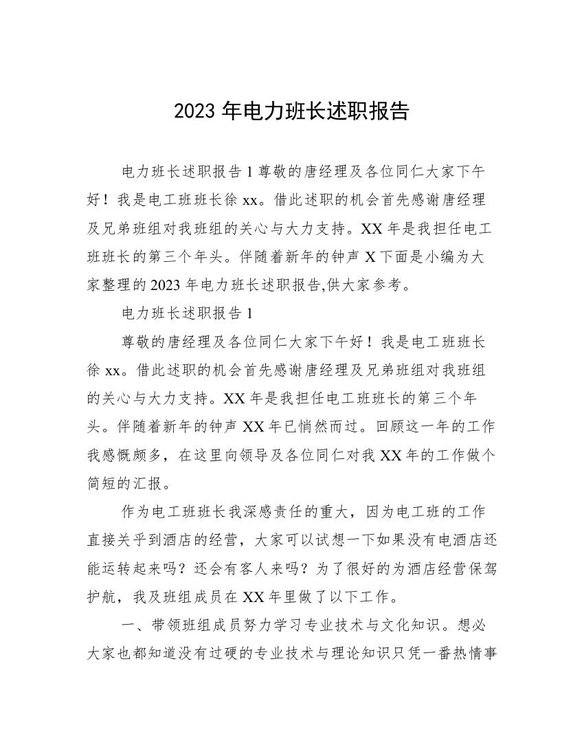 2023年电力班长述职报告