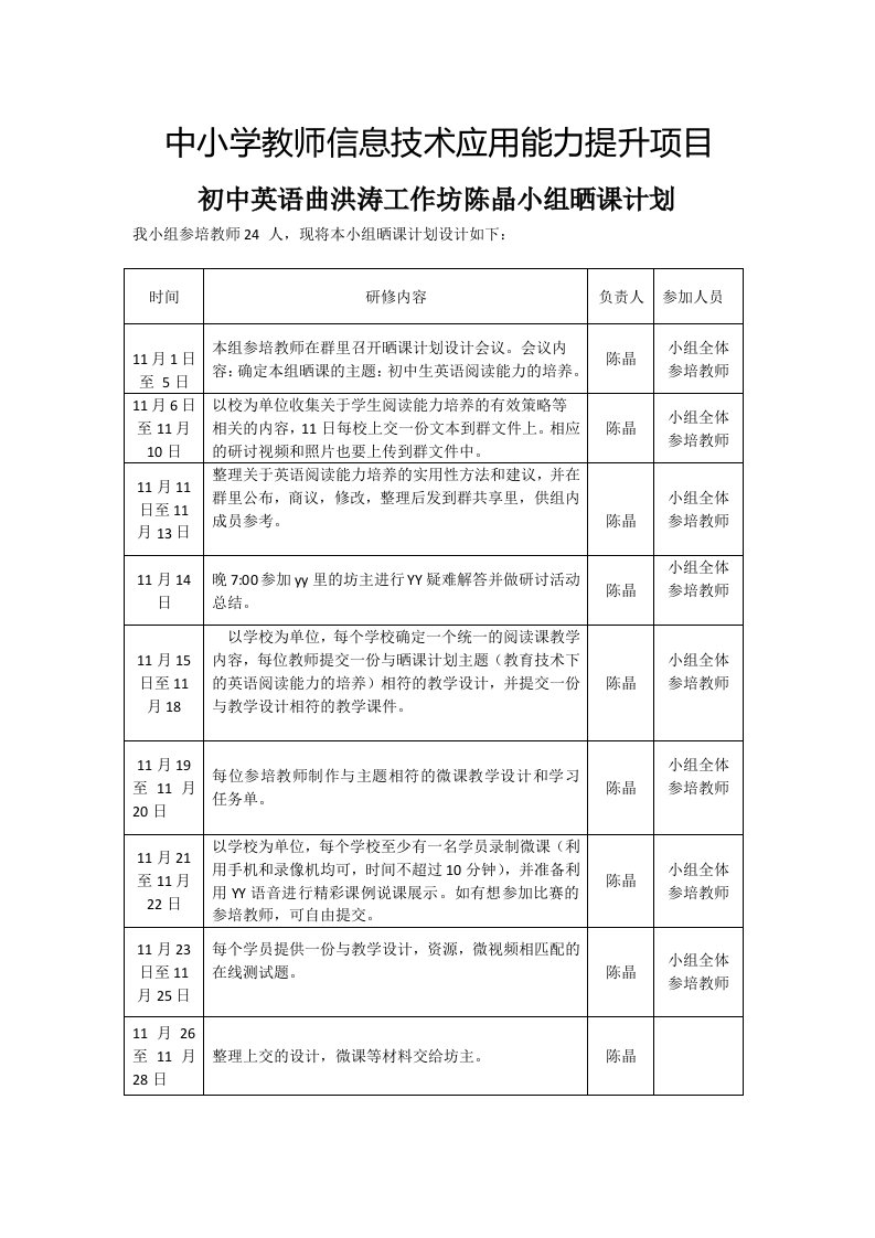 初中英语曲洪涛工作坊陈晶小组晒课计划