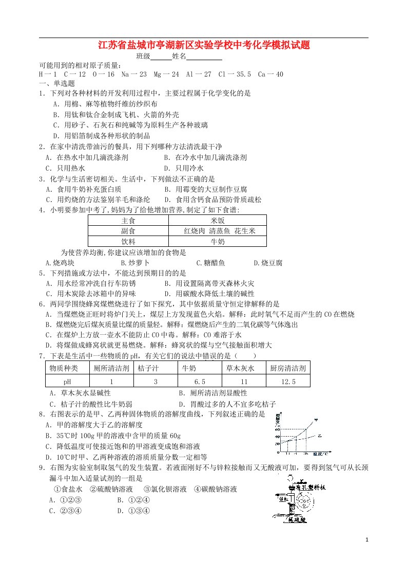 江苏省盐城市亭湖新区实验学校中考化学模拟试题