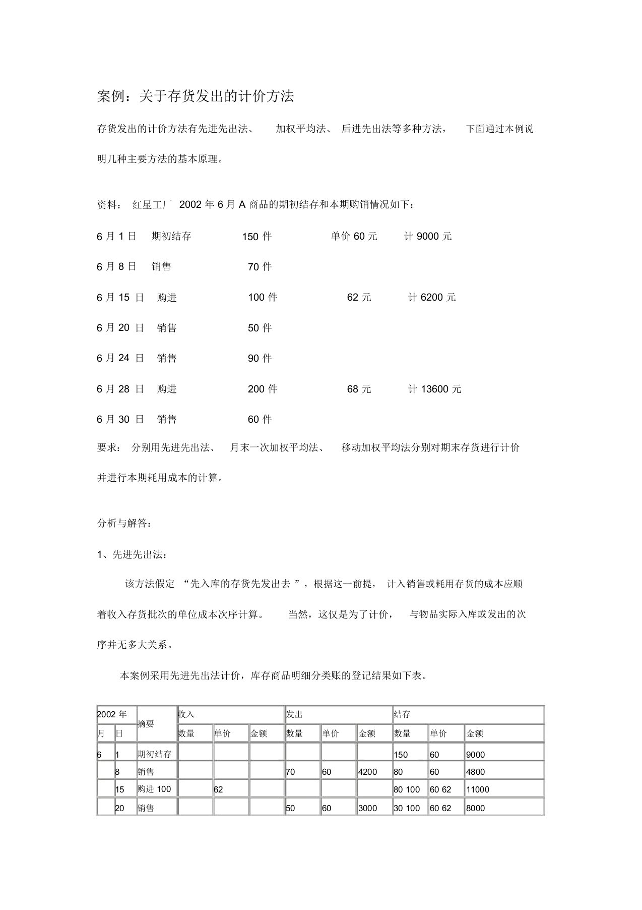 存货发出计价方法例题