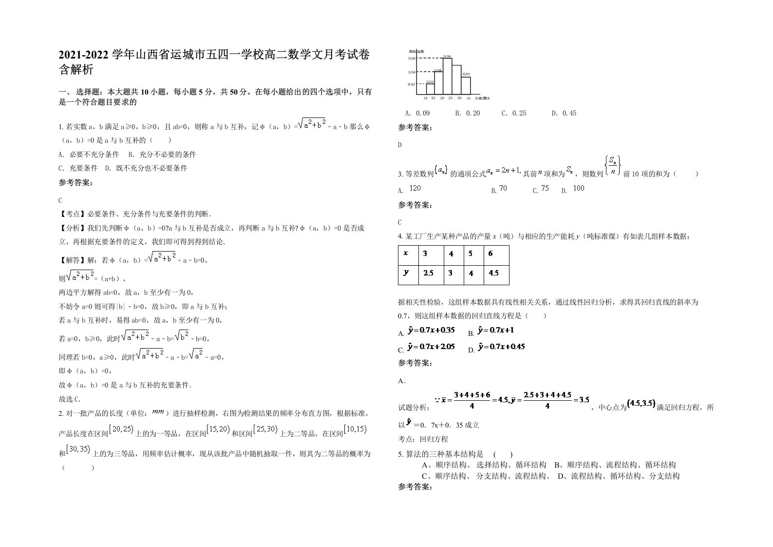 2021-2022学年山西省运城市五四一学校高二数学文月考试卷含解析