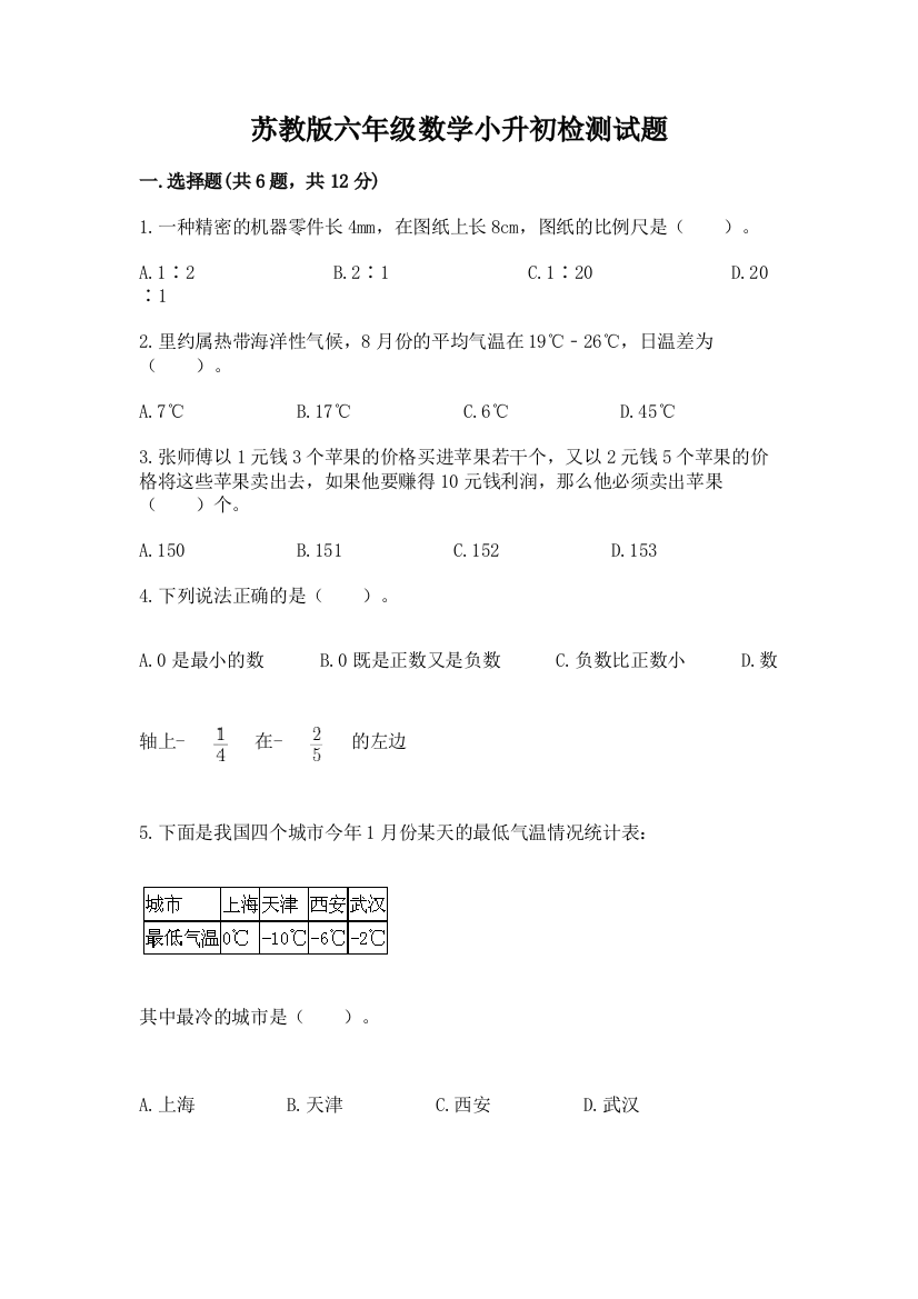 苏教版六年级数学小升初检测试题带答案（培优）