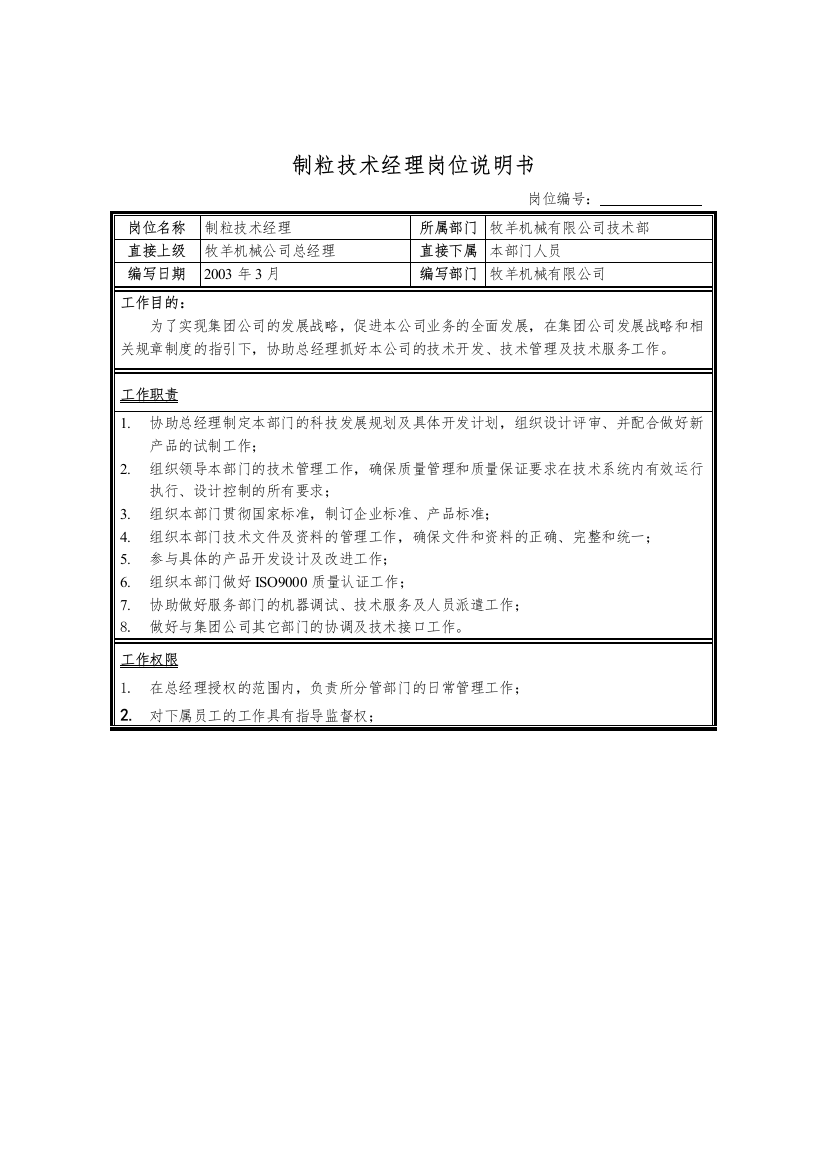 制粒技术经理岗位说明书