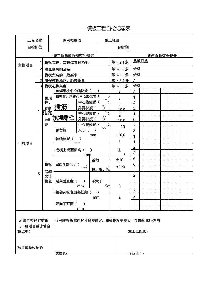 模板工程质量自检表