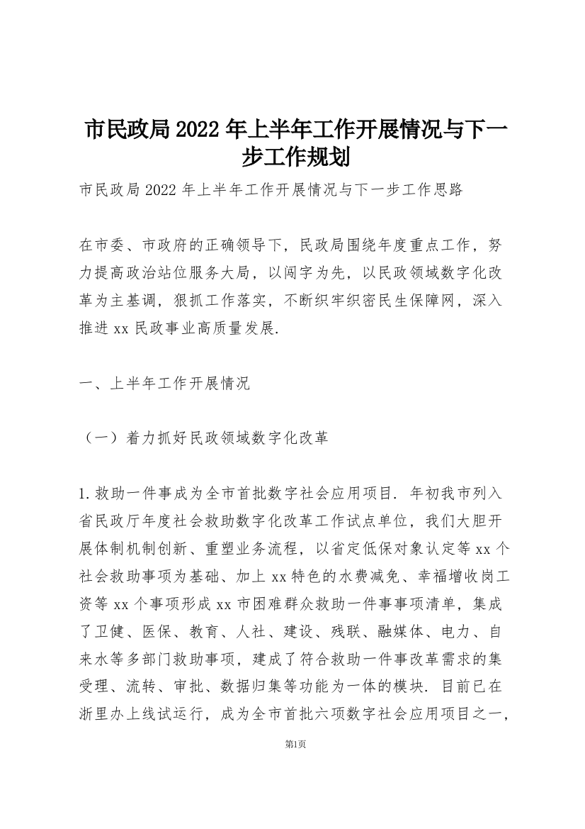 市民政局2022年上半年工作开展情况与下一步工作规划