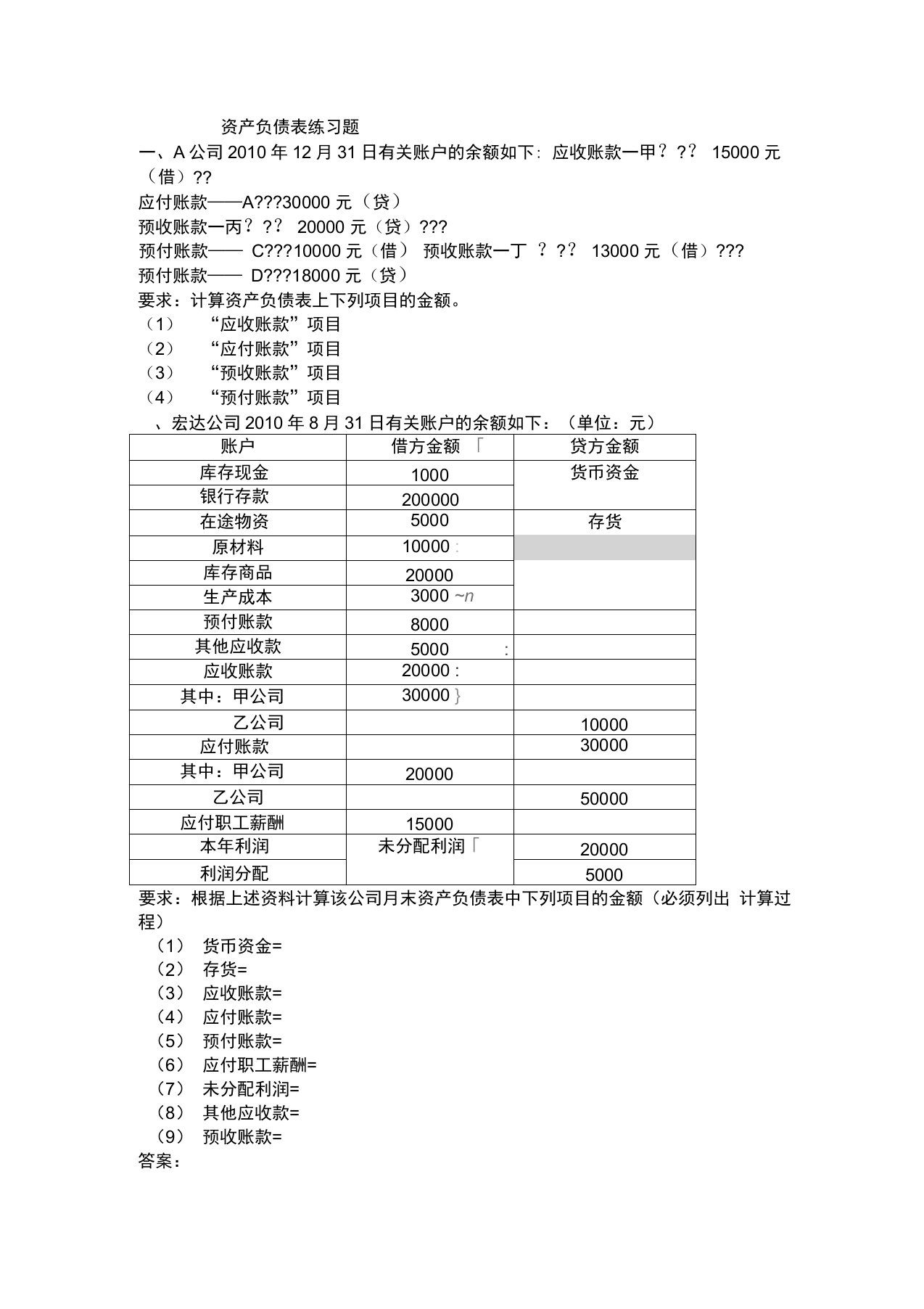 资产负债表练习题