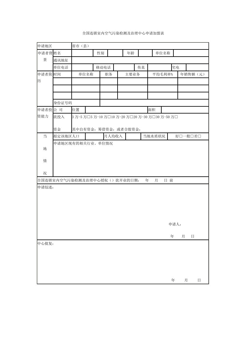 连锁经营-全国连锁室内空气污染检测及治理中心申请加盟表