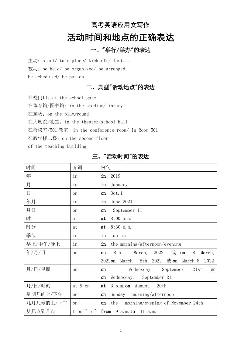 高中英语2024届高考复习应用文写作活动时间和地点的正确表达