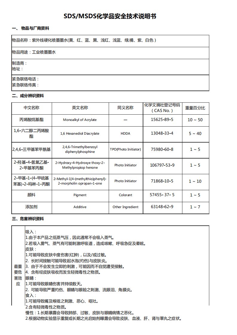 UV打印机墨水MSDS报告(SDS化学品安全说明书)可修改模板47