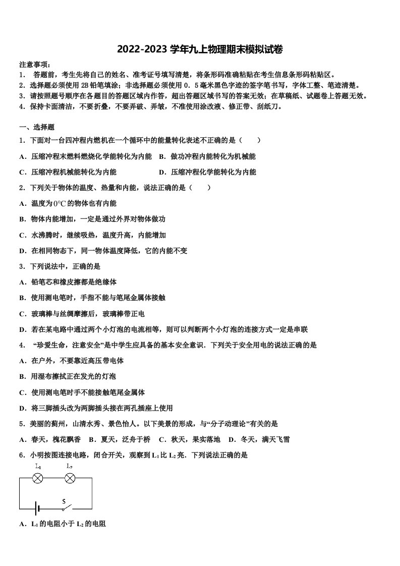 2022年江苏省无锡市新吴区新城中学九年级物理第一学期期末复习检测模拟试题含解析