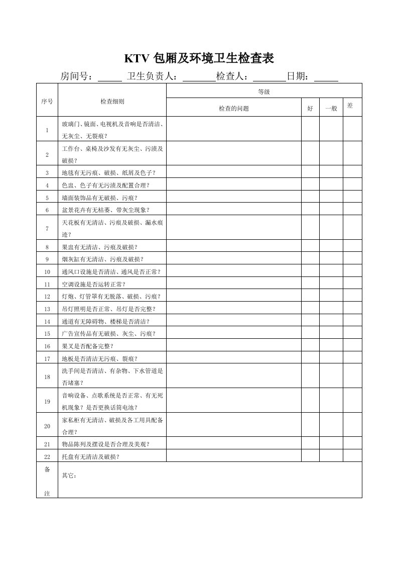 KTV包厢及环境卫生检查表