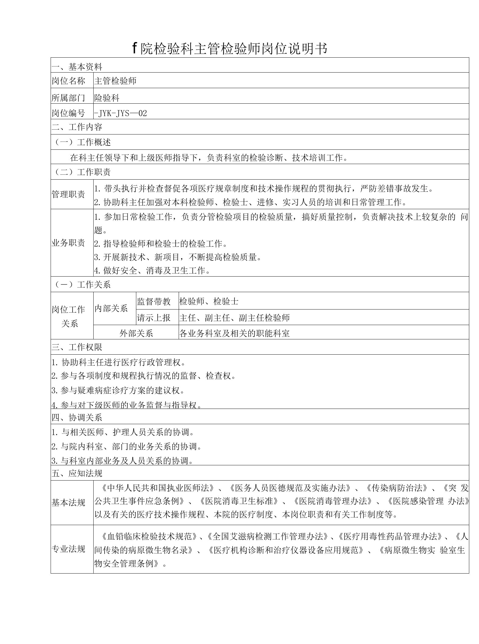 医院检验科主管检验师岗位说明书