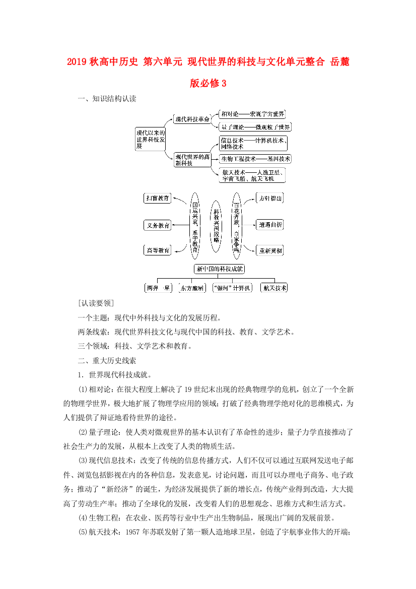 2019秋高中历史-第六单元-现代世界的科技与文化单元整合-岳麓版必修3