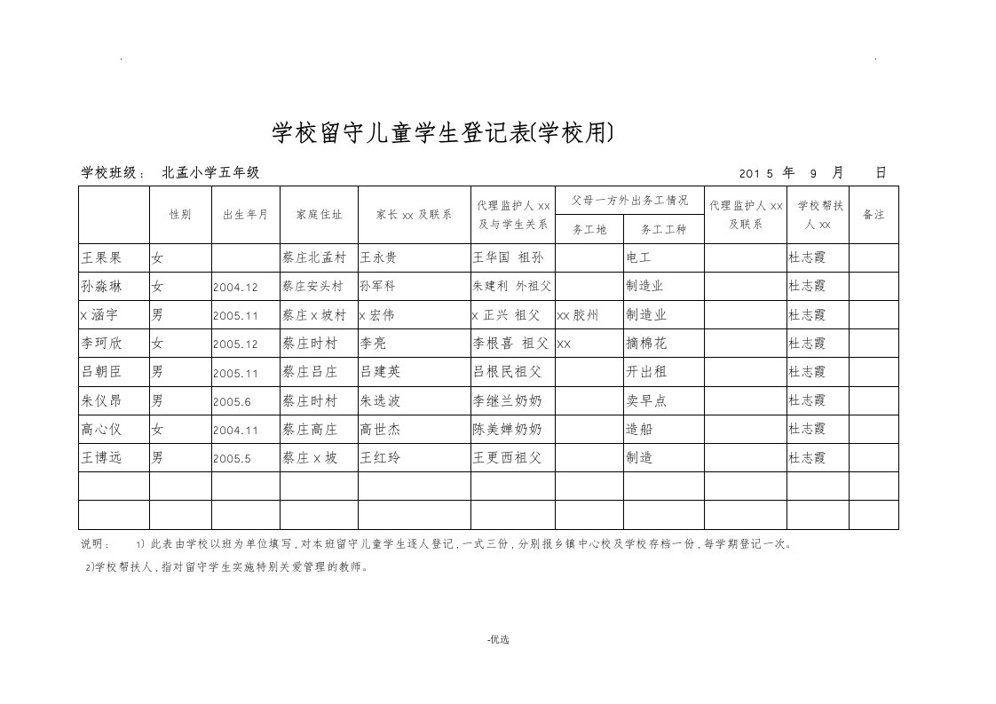 学校留守儿童学生登记表