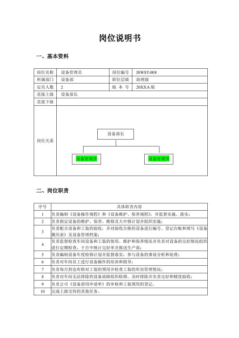 生产管理--设备管理员的岗位说明书