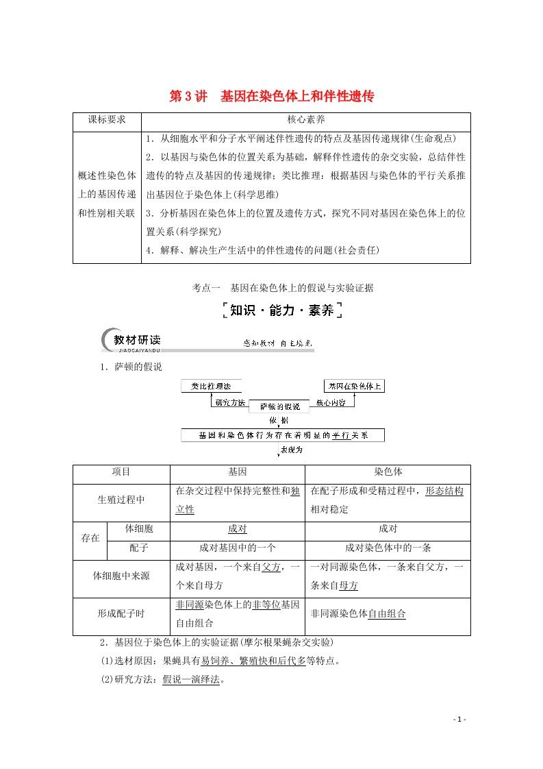 江苏专用2022版高考生物一轮复习第5单元遗传定律和伴性遗传第3讲基因在染色体上和伴性遗传学案