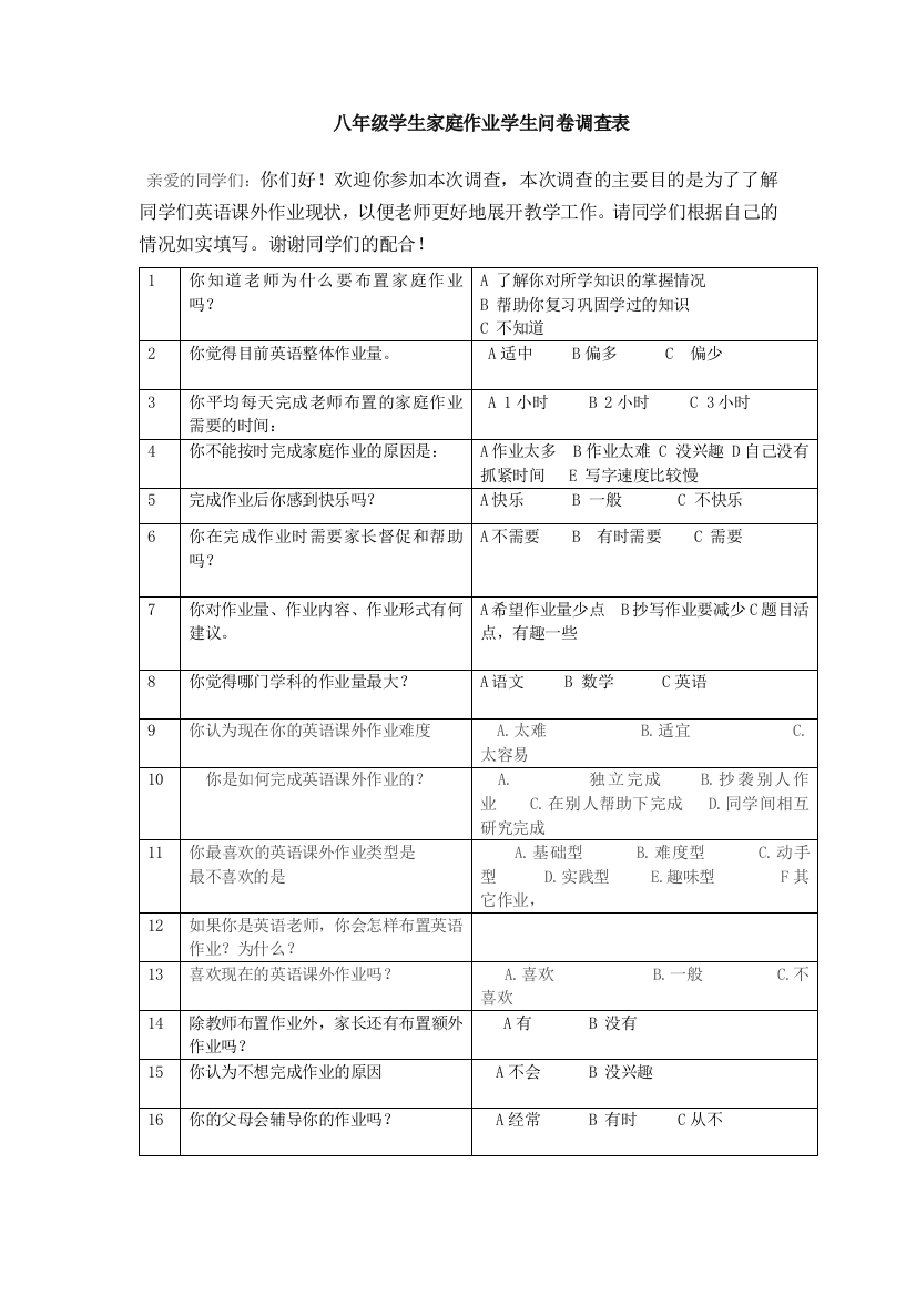 家庭作业学生问卷调查表