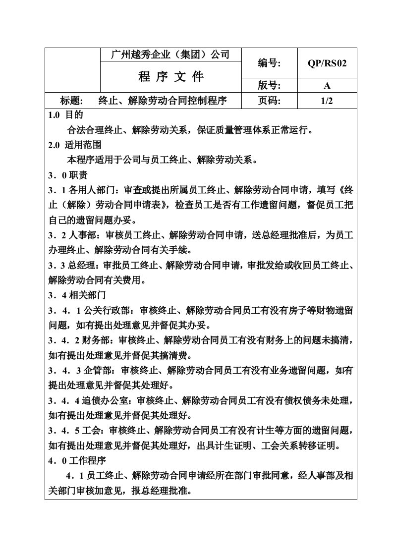 【企业管理】qp-rs02终止、解除劳动合同控制程序文件