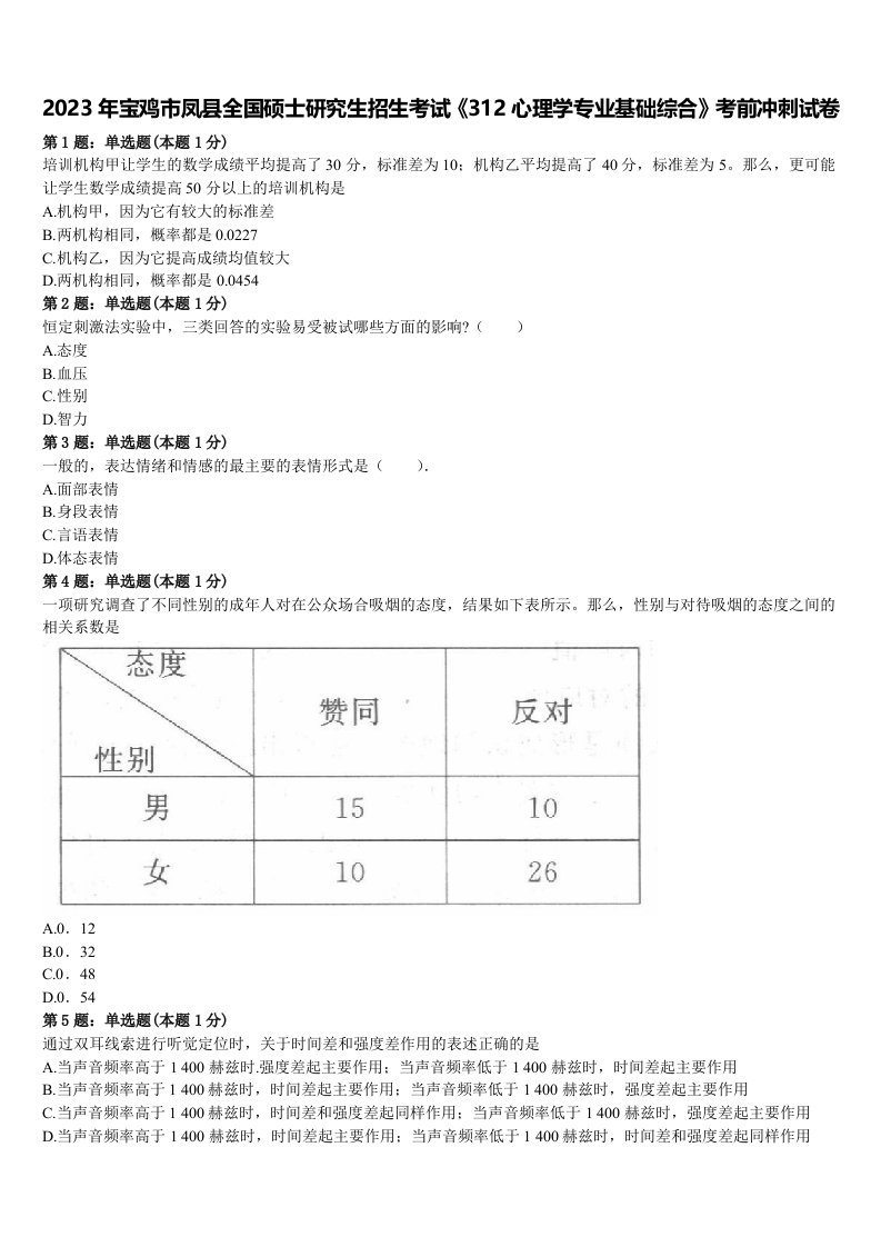 2023年宝鸡市凤县全国硕士研究生招生考试《312心理学专业基础综合》考前冲刺试卷含解析