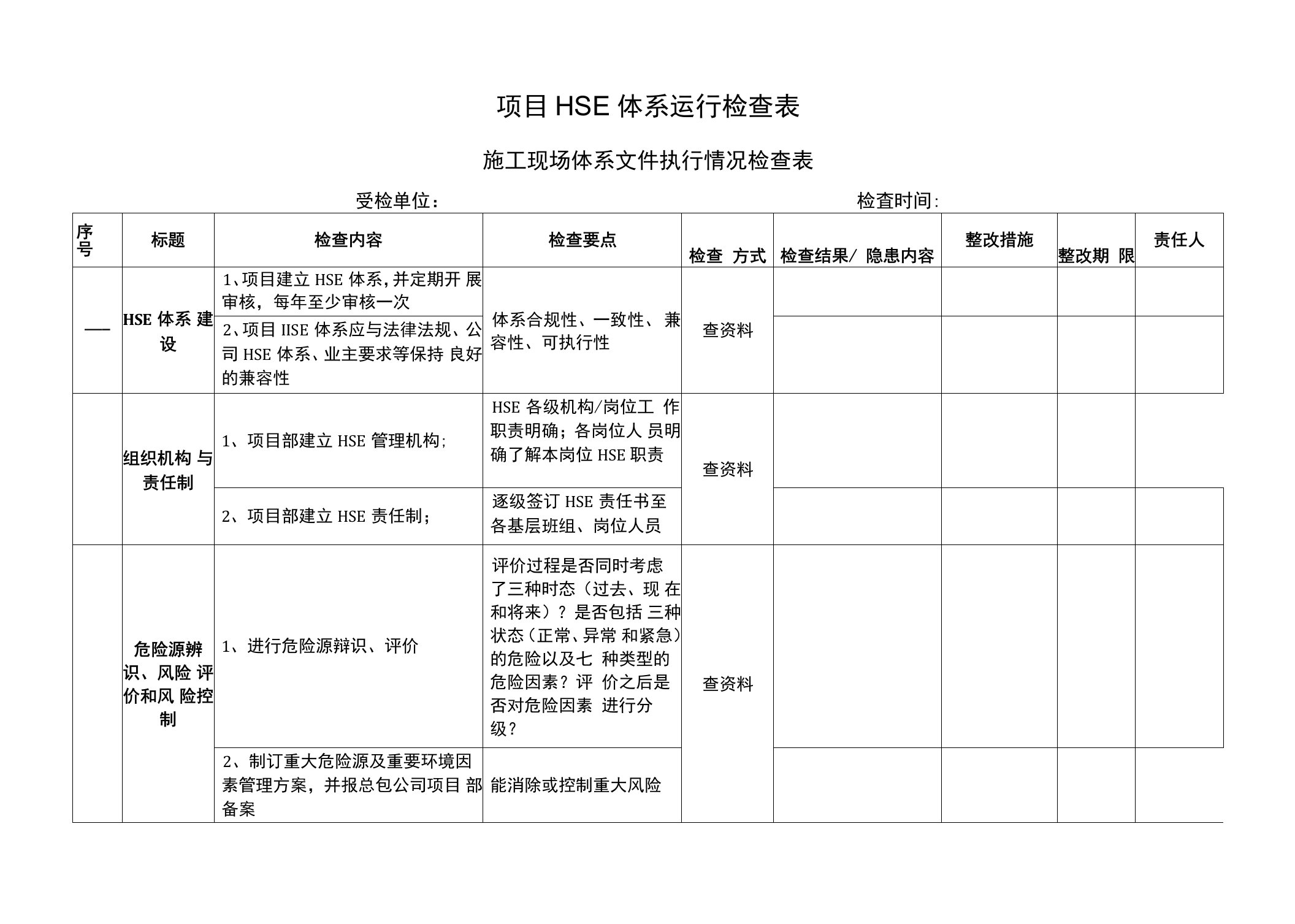 承包商项目HSE体系运行检查表