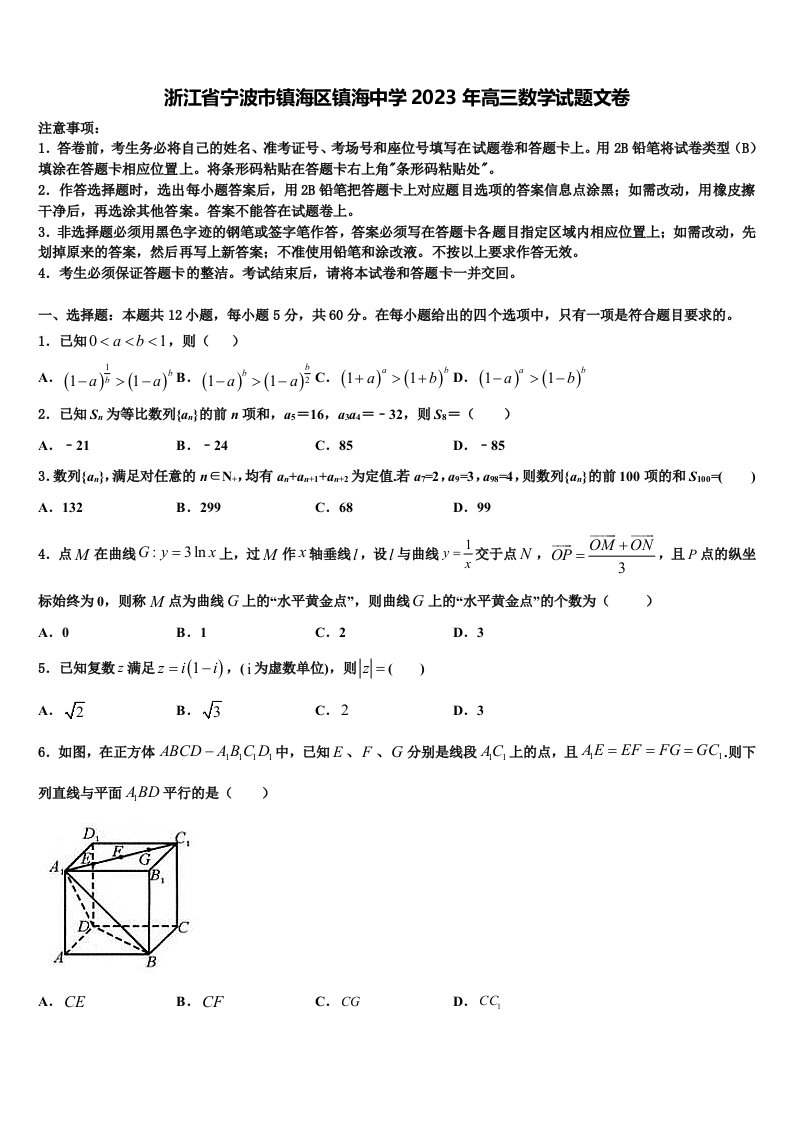 浙江省宁波市镇海区镇海中学2023年高三数学试题文卷含解析