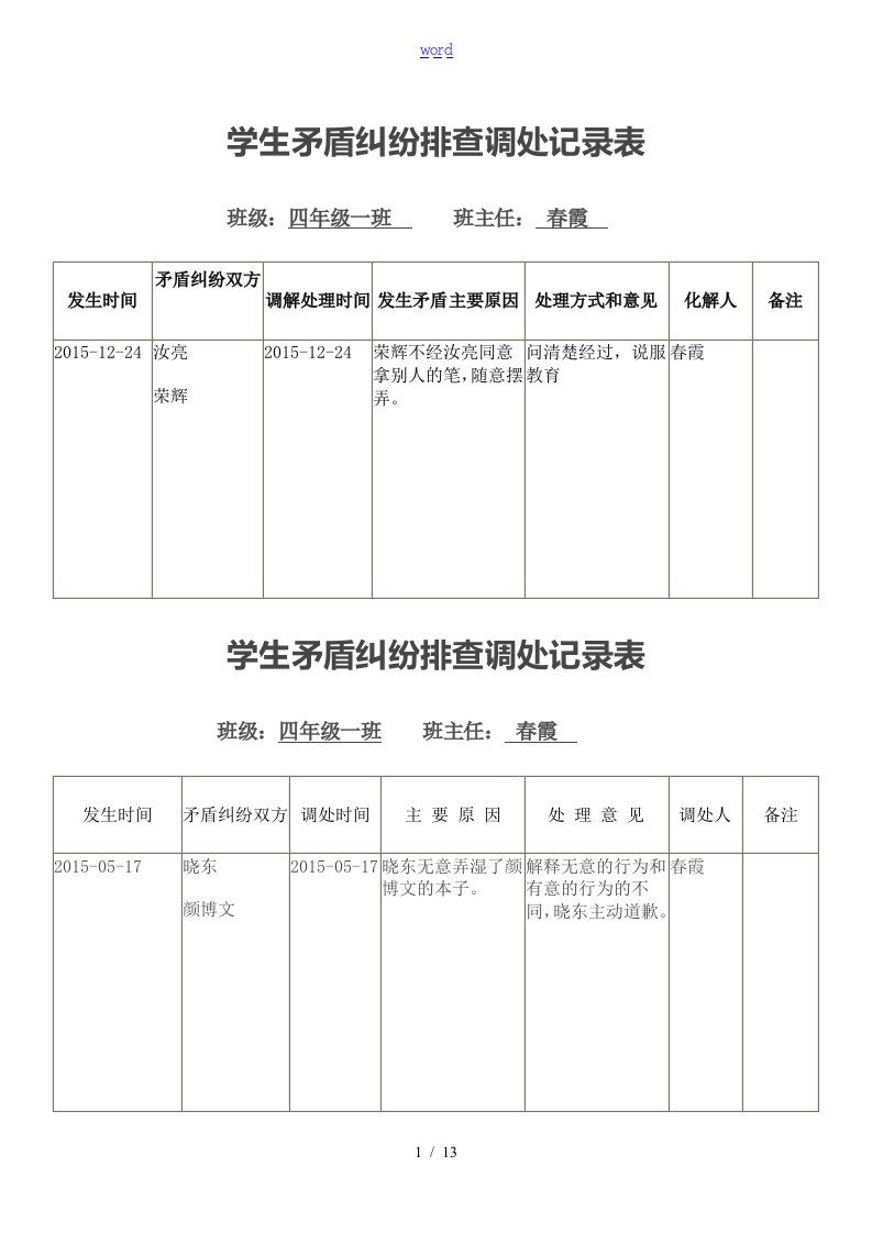 矛盾纠纷排查调处记录簿