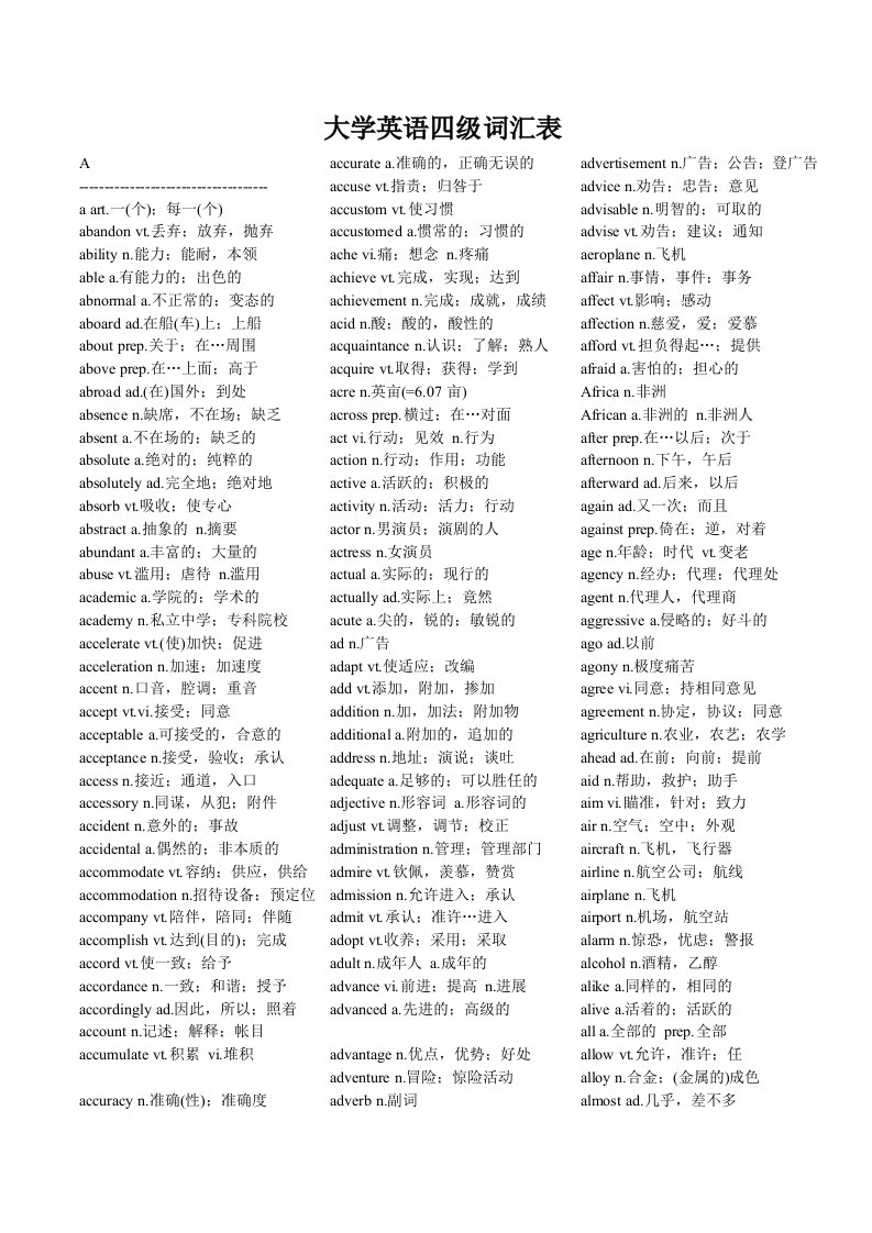 大学英语四级词汇表