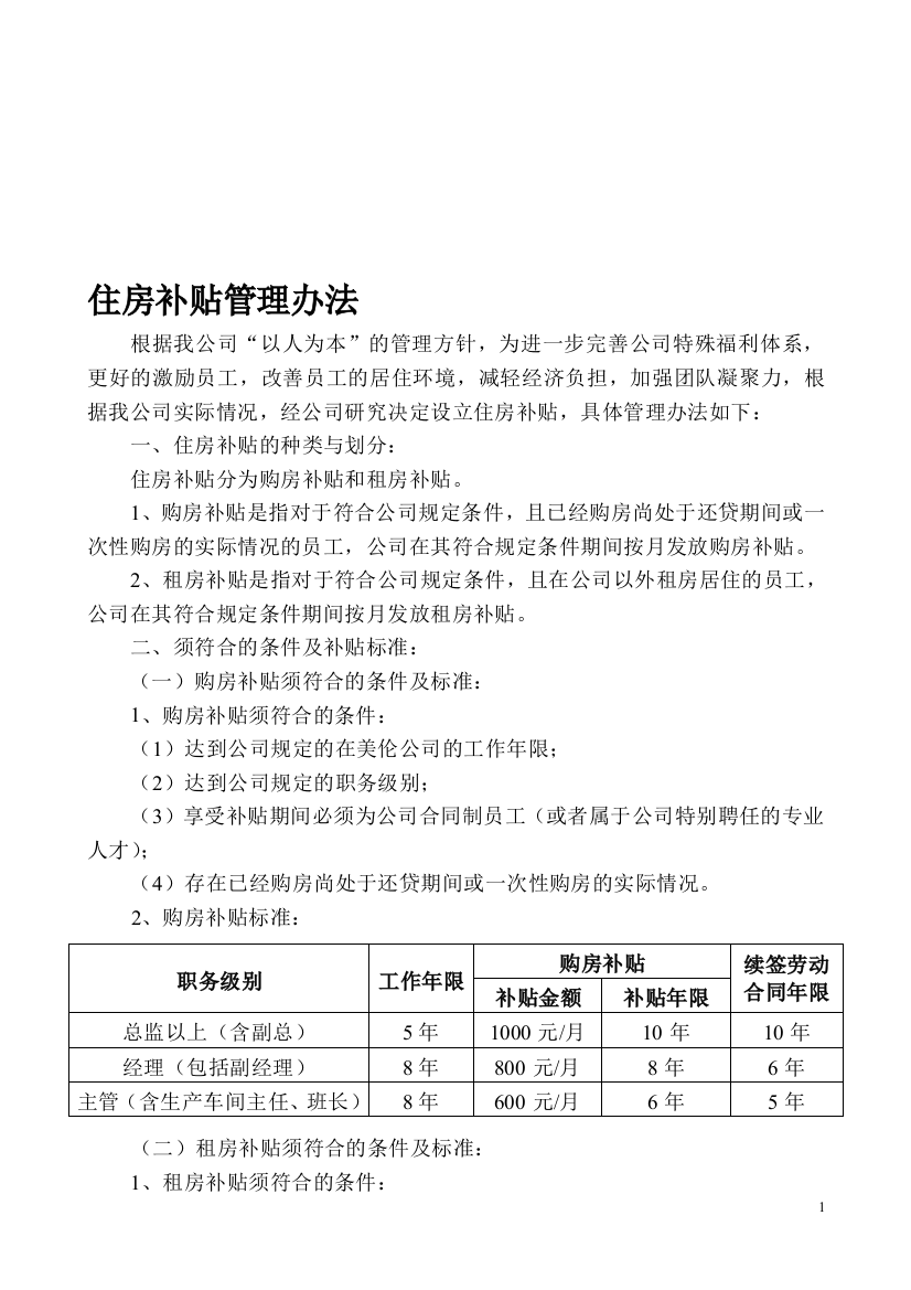 XX公司住房补贴管理办法