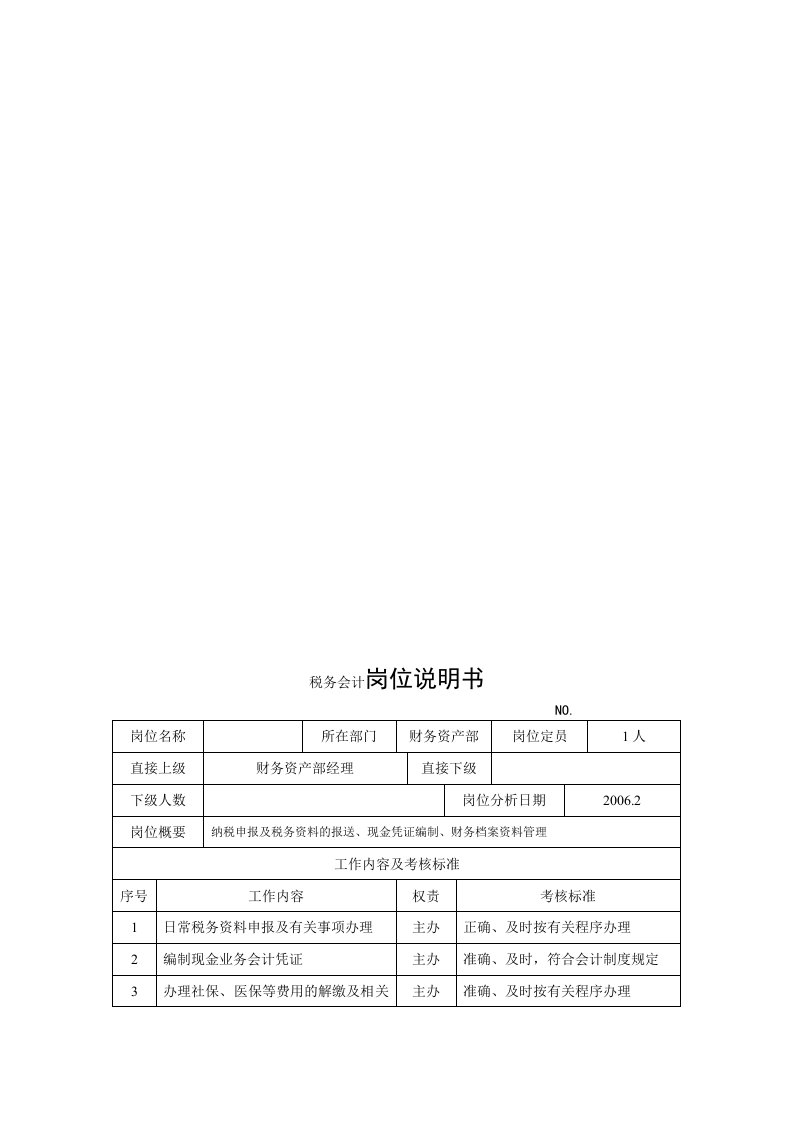 电力集团某大型电气配件企业税务会计岗位说明书