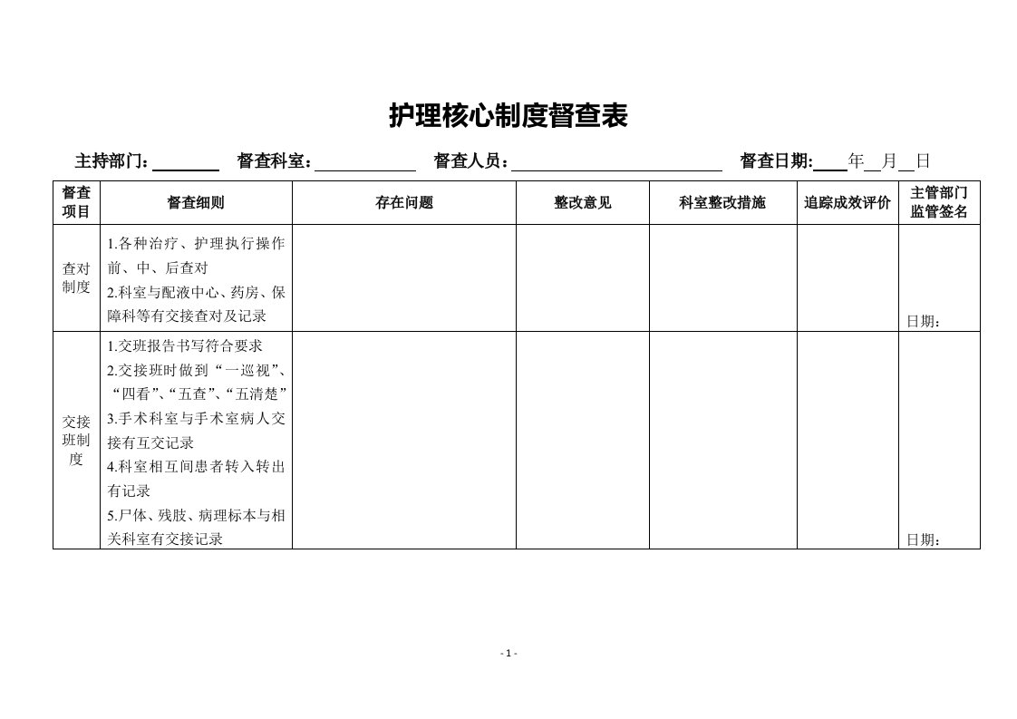 护理核心制度督查表