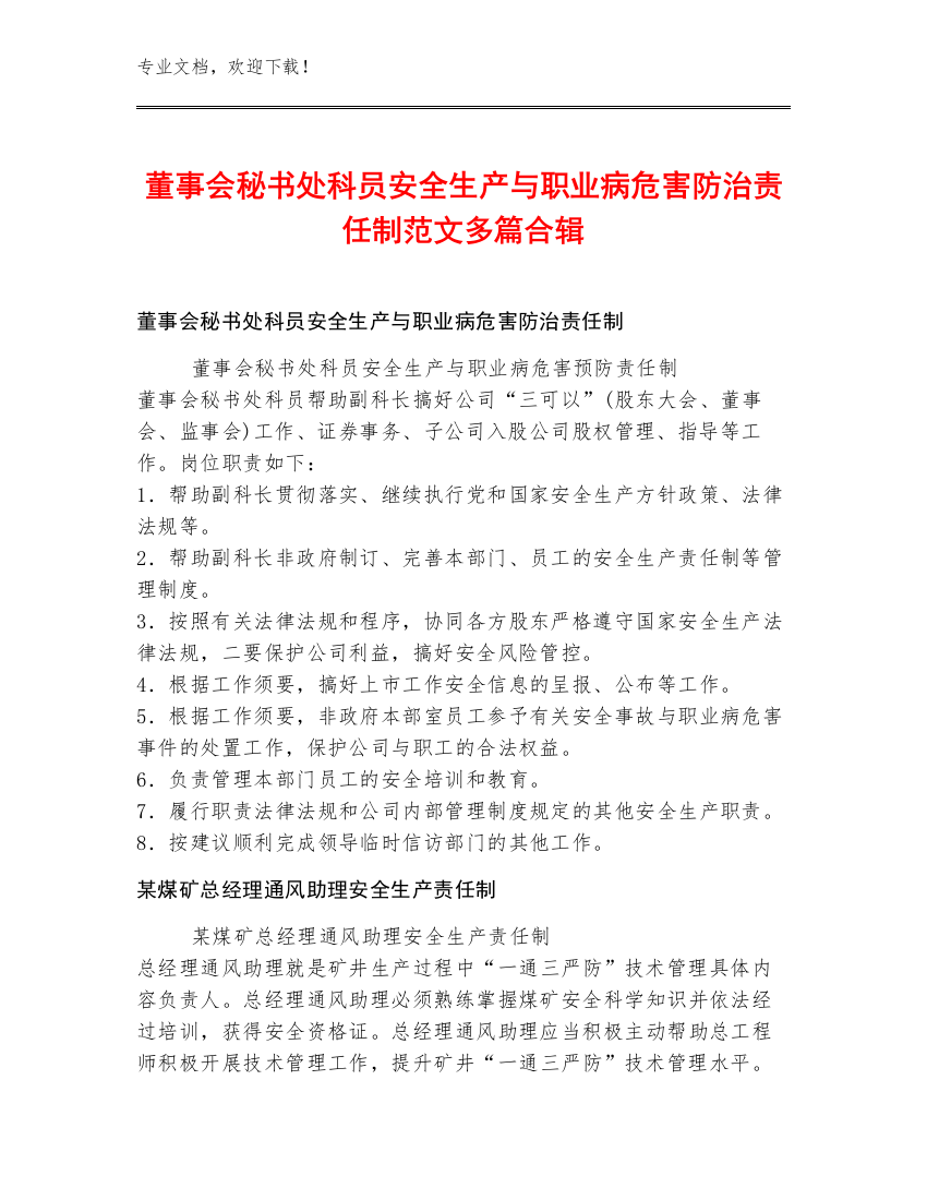 董事会秘书处科员安全生产与职业病危害防治责任制范文多篇合辑