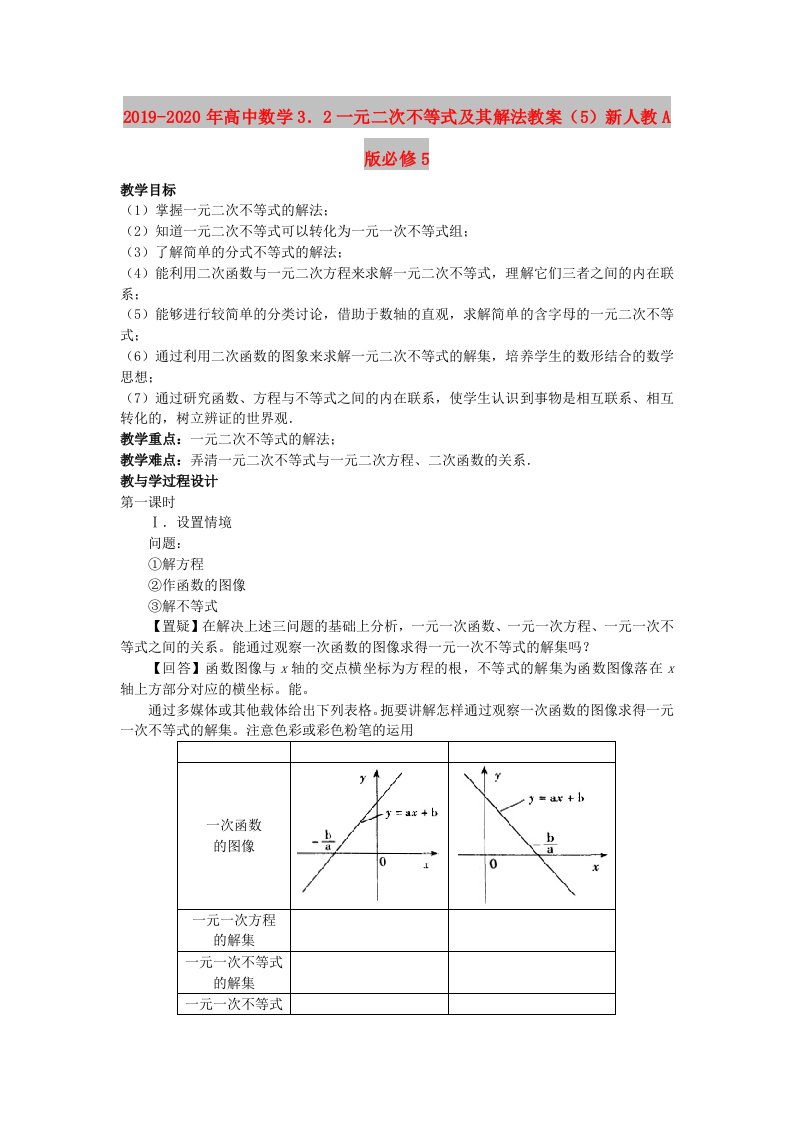 2019-2020年高中数学3．2一元二次不等式及其解法教案（5）新人教A版必修5